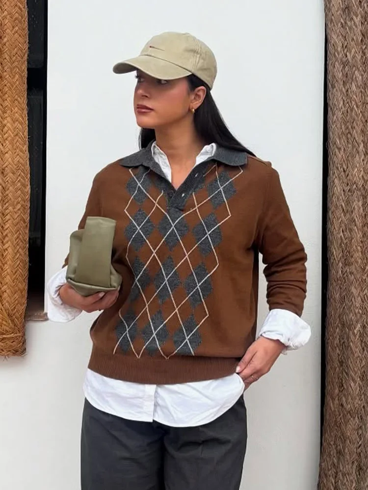 HH 2025 automne femmes mode col rabattu tricoté diamant pull manches longues bouton ample pull confortable hauts Mujer