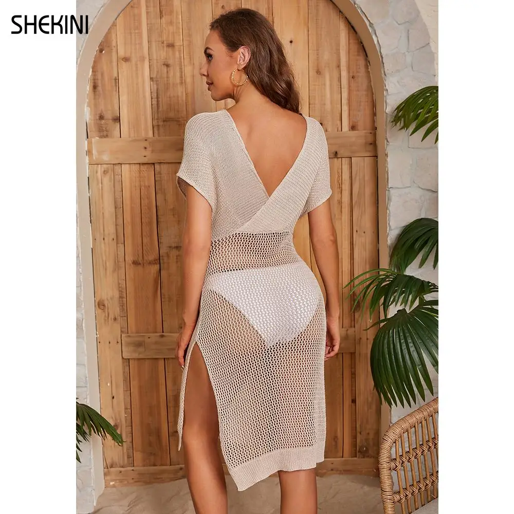 SHEKINI Women's Crochet Swimsuit Cover Up Sexy Hollow Out Beach Dress Short Sleeve Side Slit Midi Bikini