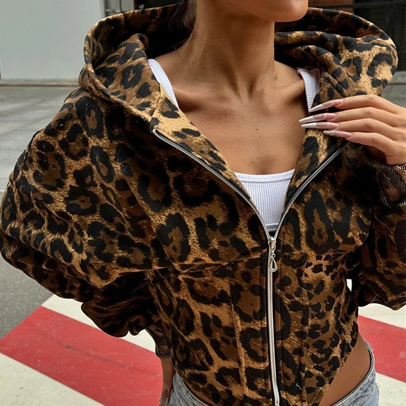 OMSJ Fashion Cropped Hooded Jackets Irregular Hem Off Waist Long-sleeved Front Zipper Slimming Leopard Printing Women Short Coat