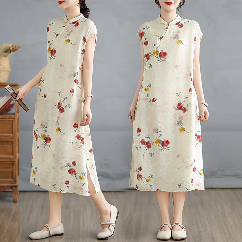 

Summer 2025 Long Pure Cotton Svel Retro Design Women's Dr High Waist Print A-Line Midi Dr Chinese Sle Gown