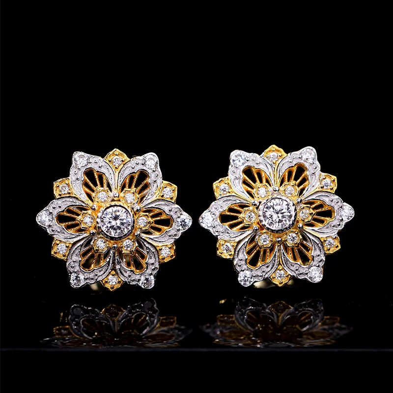 Sollievo series, flower-shaped retro sparkle, woven carved gold Italian style earrings S925 silver-plated female