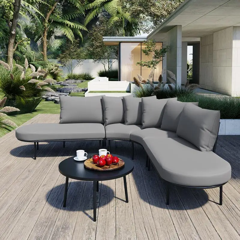 

Half-Moon Curved Outdoor Sofa Set with Coffee Table, All-Weather Iron Frame for 6, Padded Cushions for Garden, Gray