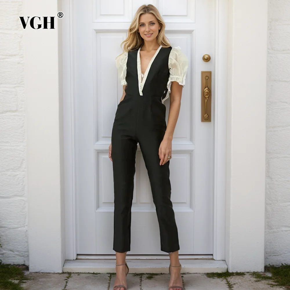 VGH Elegant Patchwork Lace Jumpsuits For Women V Neck Puff Sleeve High Waist Straight Leg Jumpsuit Female Fashion Clothing New