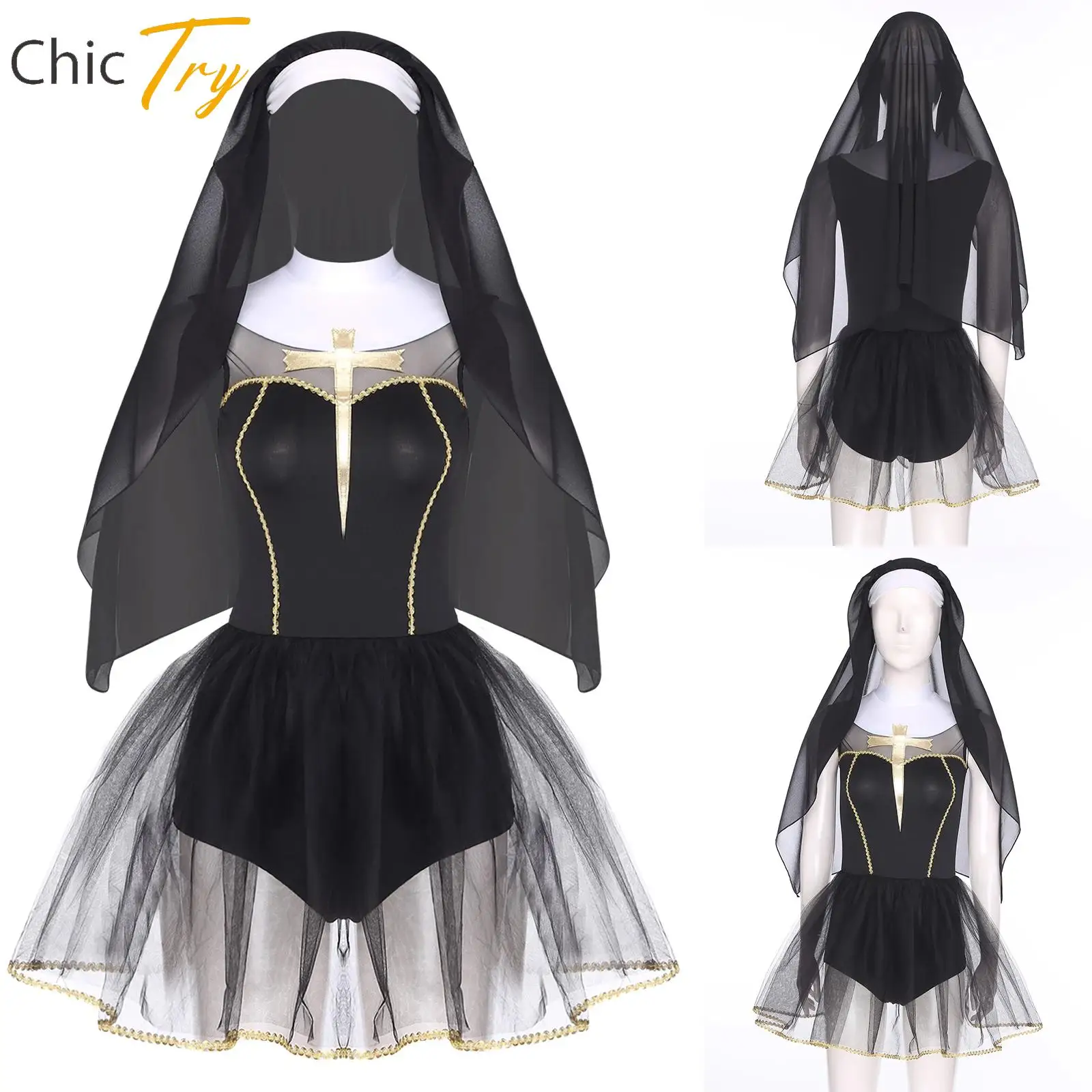 

Women Nun Cosplay Dress with Veil Adult 2-layer Tulle Hem Dress And Wimple Hood for Halloween Sister Clergy Fancy Dress-up Party