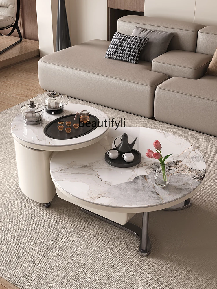 Light Luxury round French Cream Style Tea Table Boiling Water Tea Table Integrated Small Apartment Modern Stone Plate Tea Table