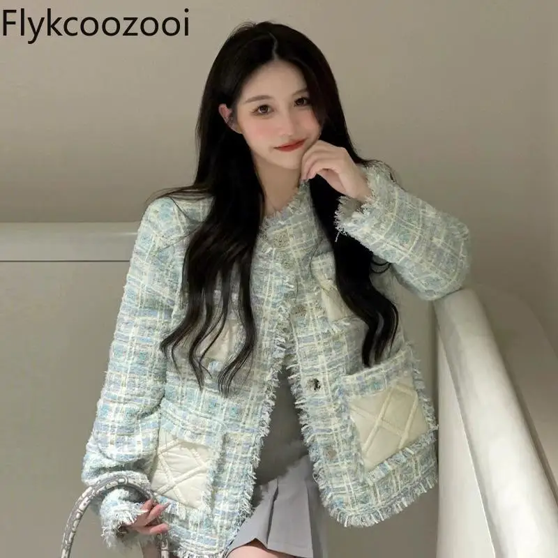 2023 Advanced Blue Plaid Elegant Cotton Jacket Female Autumn and Winter Thickened Warm Damage Raw Edge Casaco Feminino