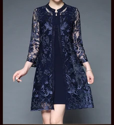 Two-piece Mother Of The Bride Dresses With Jacket Lace Embroidery Blue Red Wedding Evening Formal Party Mother Gowns Knee Length