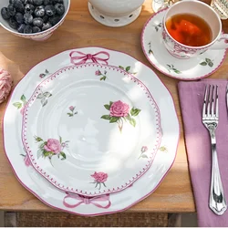 French Rose Cutlery Bone China Bowl Cup Ceramic Dessert Dish Salad PlateTall Bowl Dinnerware Kitchen Tableware Dining Table Set