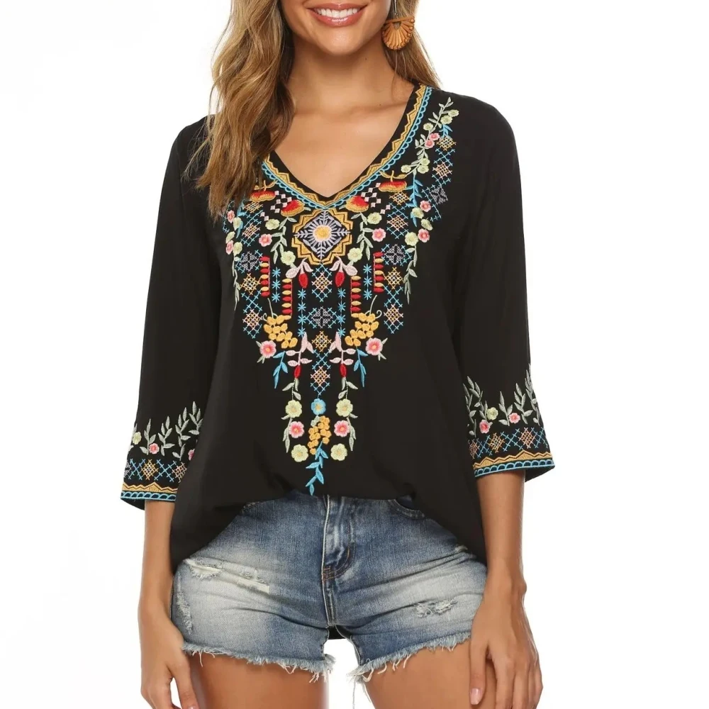 

Summer T-Shirt Ethnic Boho Floral 3D Print V-Neck Tees Retro Women Tops Streetwear Harajuku Oversized T Shirts Female Clothing