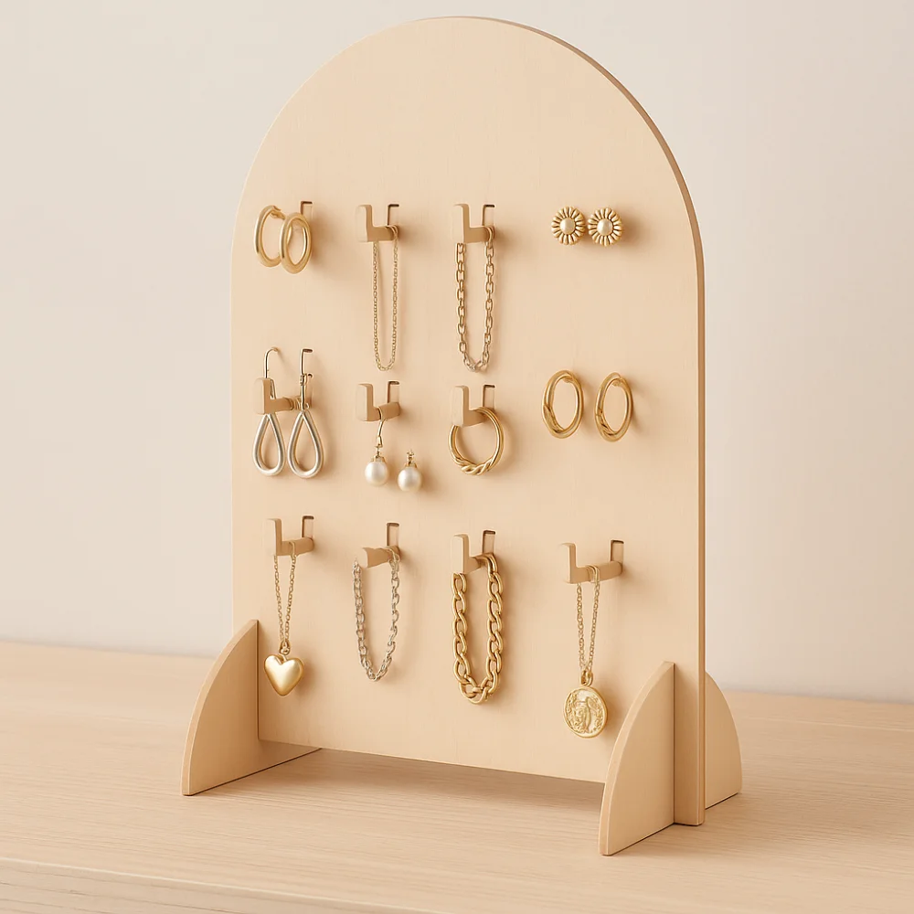 Wooden Earring Display Rack Arch 3 Layers Jewelry Storage Rack Detachable Hook Style Bracelet Organizer Rack Home Organization