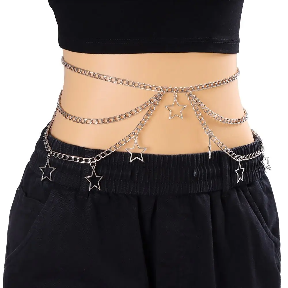 Hollow Out Five-Pointed Star Waist Chain Gold Color Silver Metal Waist Chain Geometric Double-layer Bohemian Body Chain