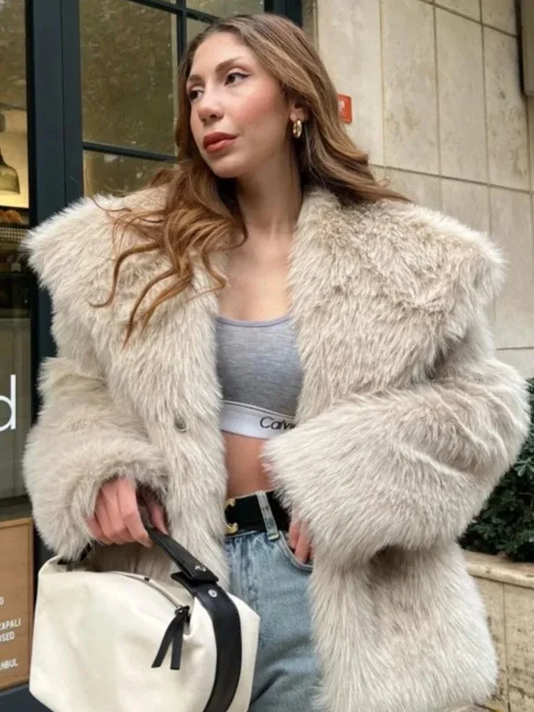 Luxury Lapel Faux Fur Jacket Women 2024 Newest Fluffy Long Sleeves Furry Coat Female Warm Gorgeous Ladies High Street Outerwear