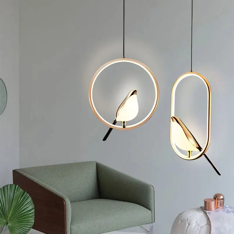 

Nice Indoor Magpie Bird LED Cord Pendant Lights Personality Hanging Lamp Study Bedroom Bedside Led Lighting Black Chrome Rose Go