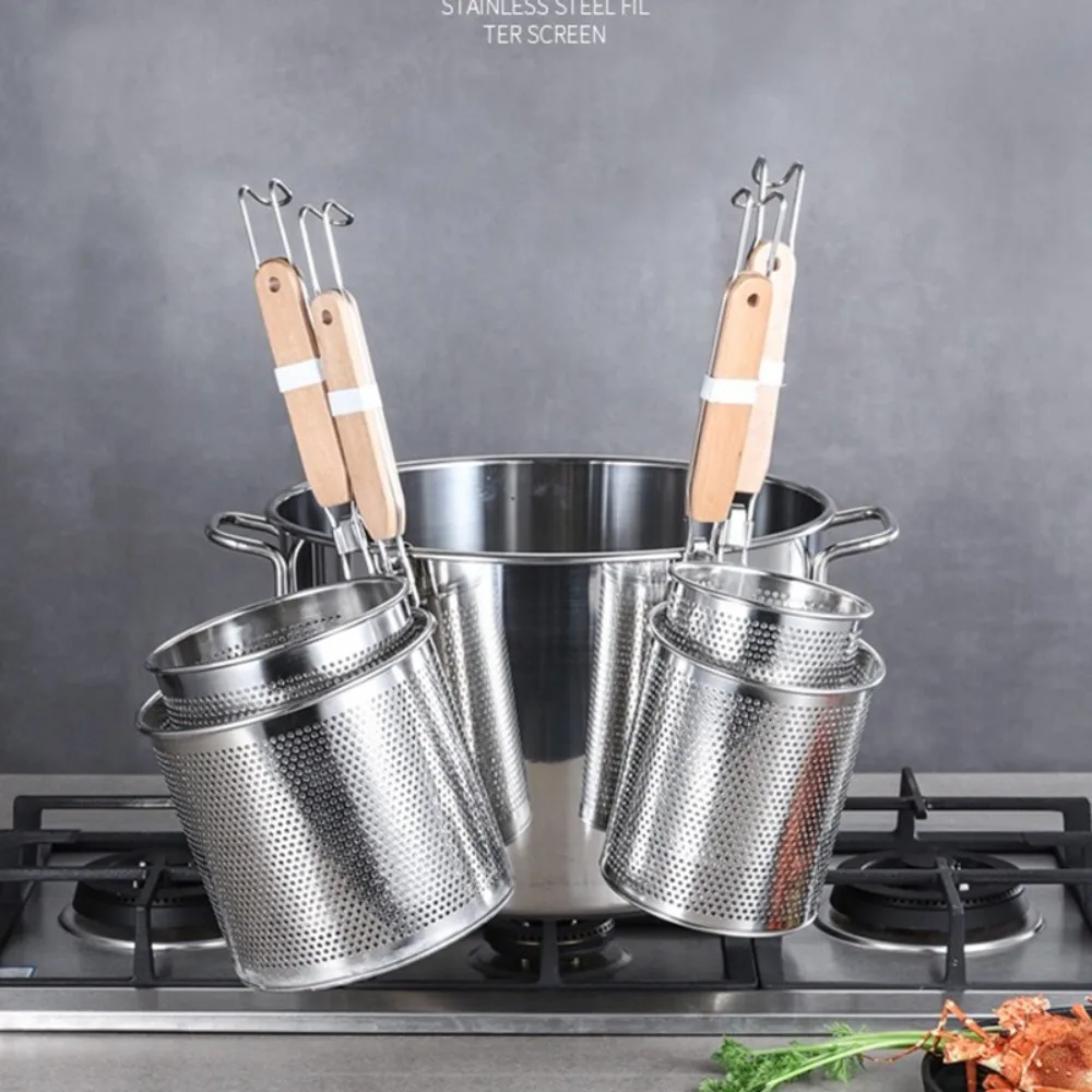 Picture 7: Thickened Stainless Steel Funnel Wooden Handle Kitchen Gadgets Pasta Basket Strainer Multifunctional Vegetables Mesh Sieve Spoon