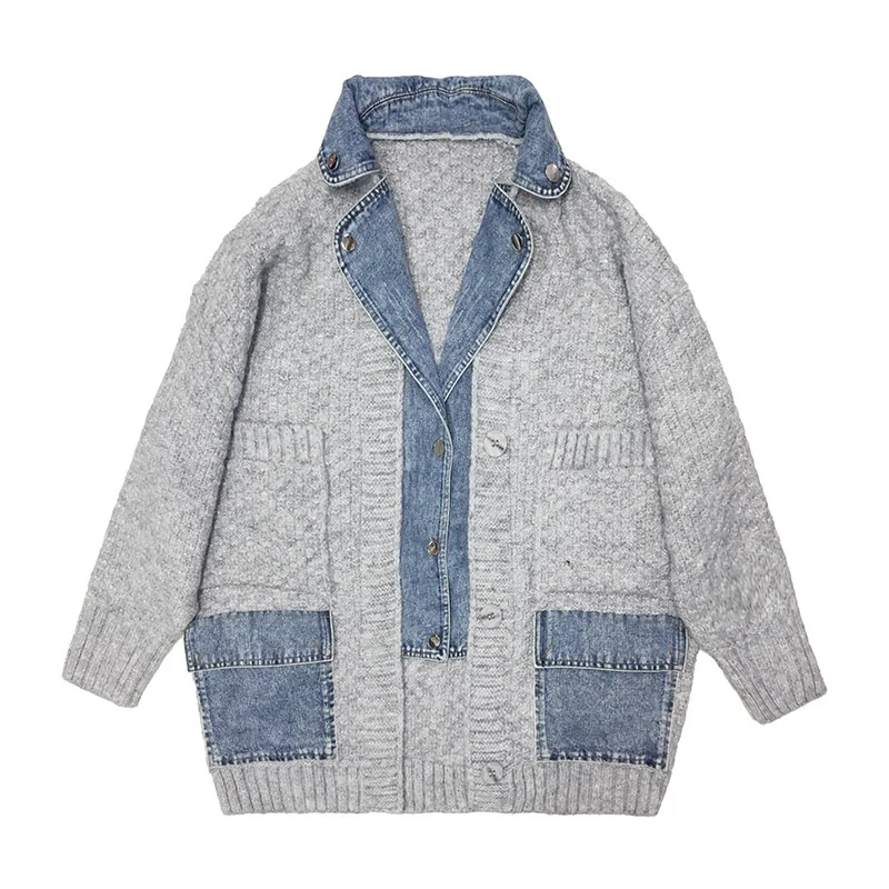 

Stitching 2023 Autumn Winter New Denim Sweater Cardigan Women Fashion Pockets Loose Long Fake Two Piece Knitted Coat