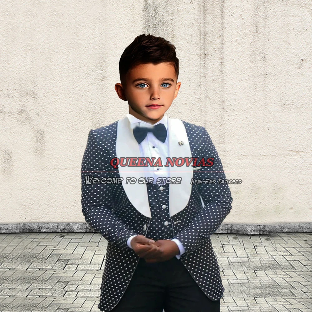 Formal Boy Kids Suits For Wedding Polka Dot Blazer Tailor-Made 3 Pieces Jacket Vest Pants Evening Party Children Dress