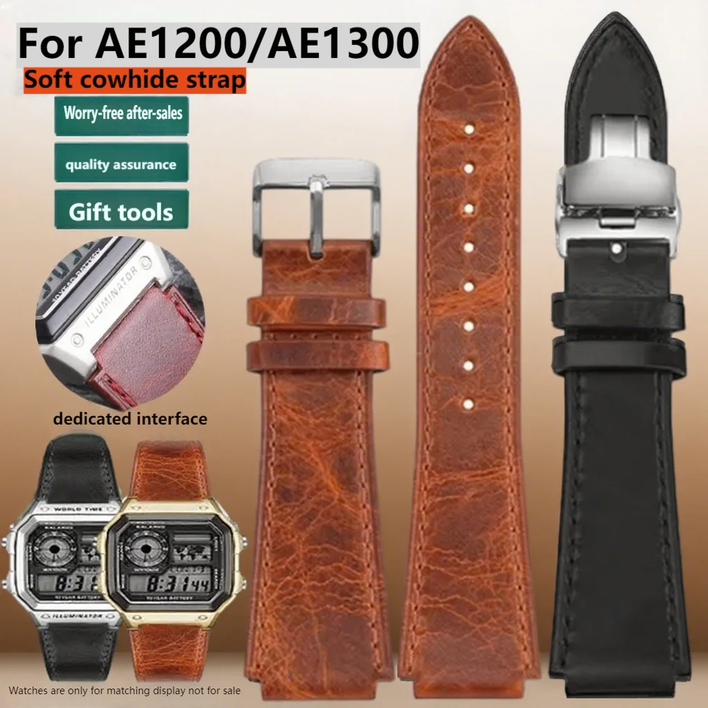 Correa de reloj Retro de piel de becerro de 18mm para Casio AE1200 AE1300 A158 A158W/A168/f91w AE-1200WHD/A159/A169 pulsera de reloj Vintage