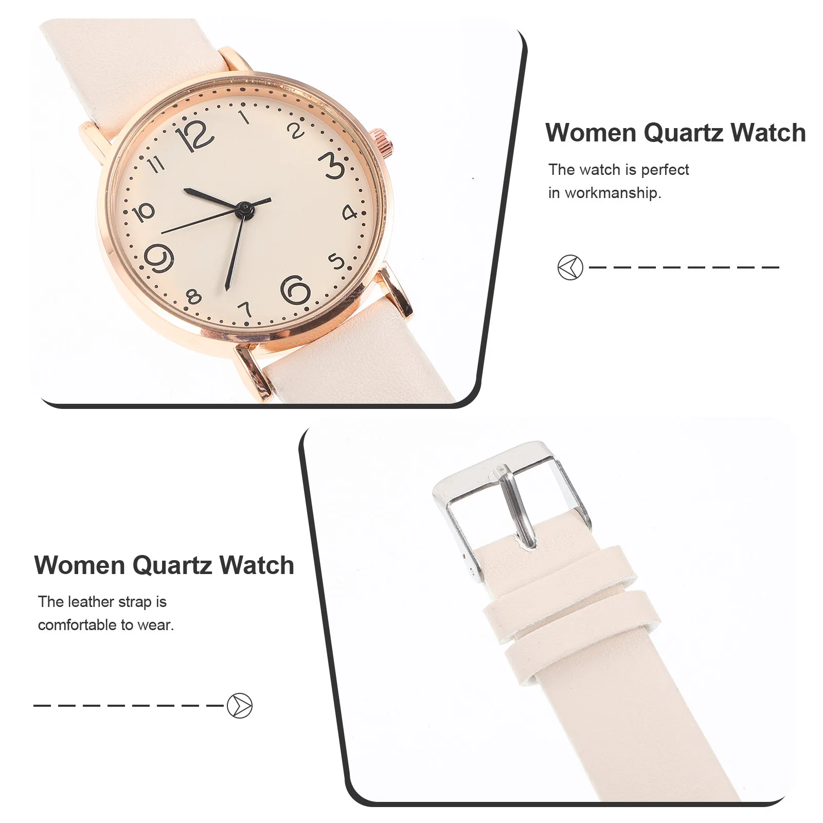 Women Quartz Watch Beige PU Strap Casual Comfortable Surface Design Wrist Watch Ideal Gift for Christmas Birthday