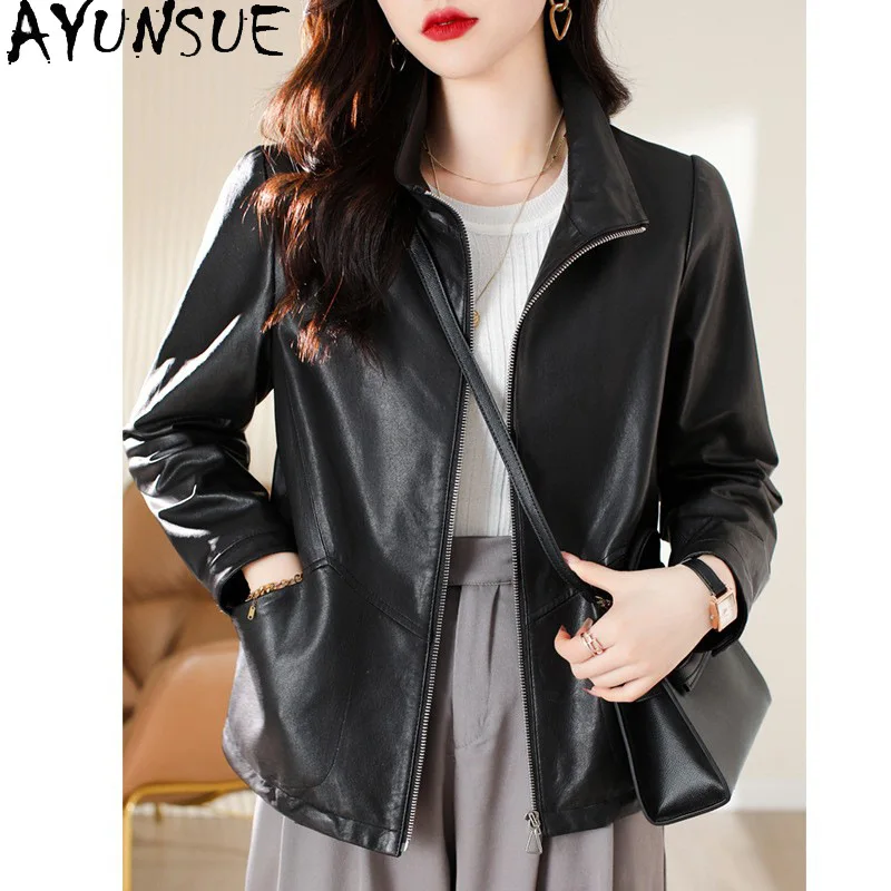 AYUNSUE 100% シープスキンリアルレザージャケット女性 2025 黒レディースコート春秋服ストリート Jaqueta デ Couro