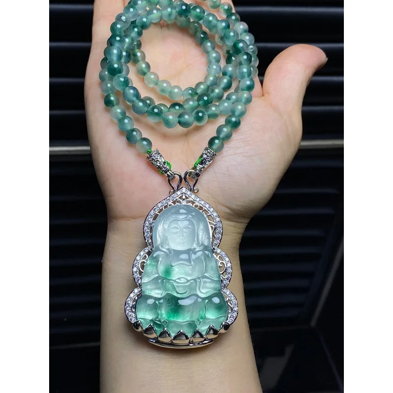 

Certified Natural Green jade Perfect Ice Jadeite Carved Guanyin Pendant&Nelace