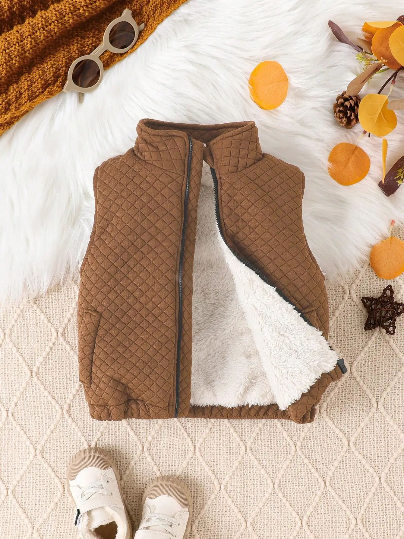 

A Simple And Casual Brown Sleeveless Zipper Jacket For Outdoor Warm Vests Of Baby Boys In Autumn And Winter