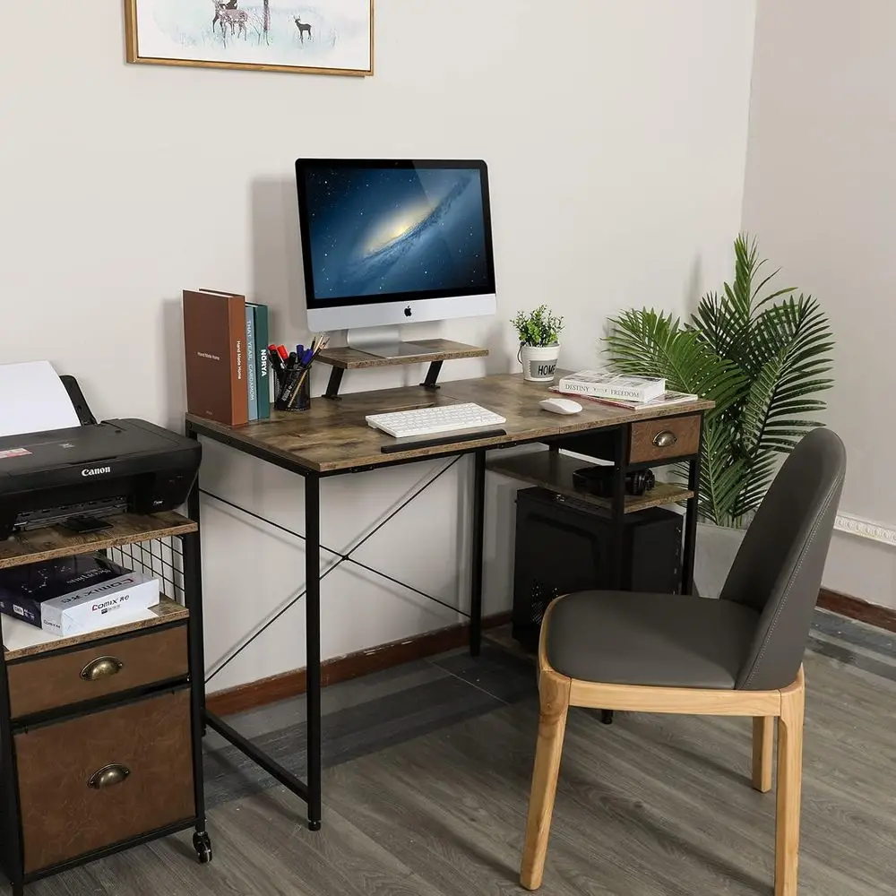 Adjustable 43 Art Desk with Storage Shelves and Drawer, Monitor Stand, Tiltable Drafting Table for Home Office, Artistic and Wri