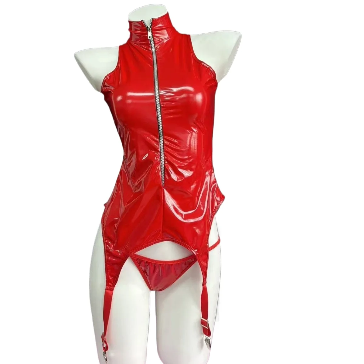 Glossy Front Zip Stand Collar Halter Bodysuit With Attached Garter Straps Sexy Vinyl Lingerie Erotic Exotic Clubwear For Women