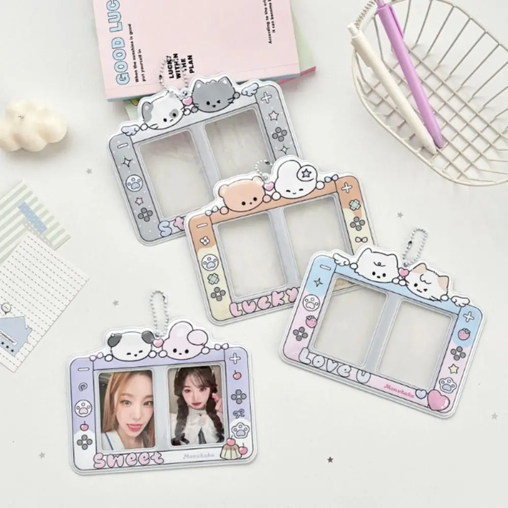 3-inch Photo Card Holder Animal Patterns 2-Grids Kpop Photocard Sleeve with Keychain Game Console Design Idol Card Cover Gift