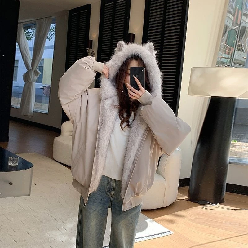 American Vintage Cute Cat Ear Faux Fur Hood Parka Unisex Oversized Thick Fleece Lined Warm Winter Coat Casual Streetwear Jacket