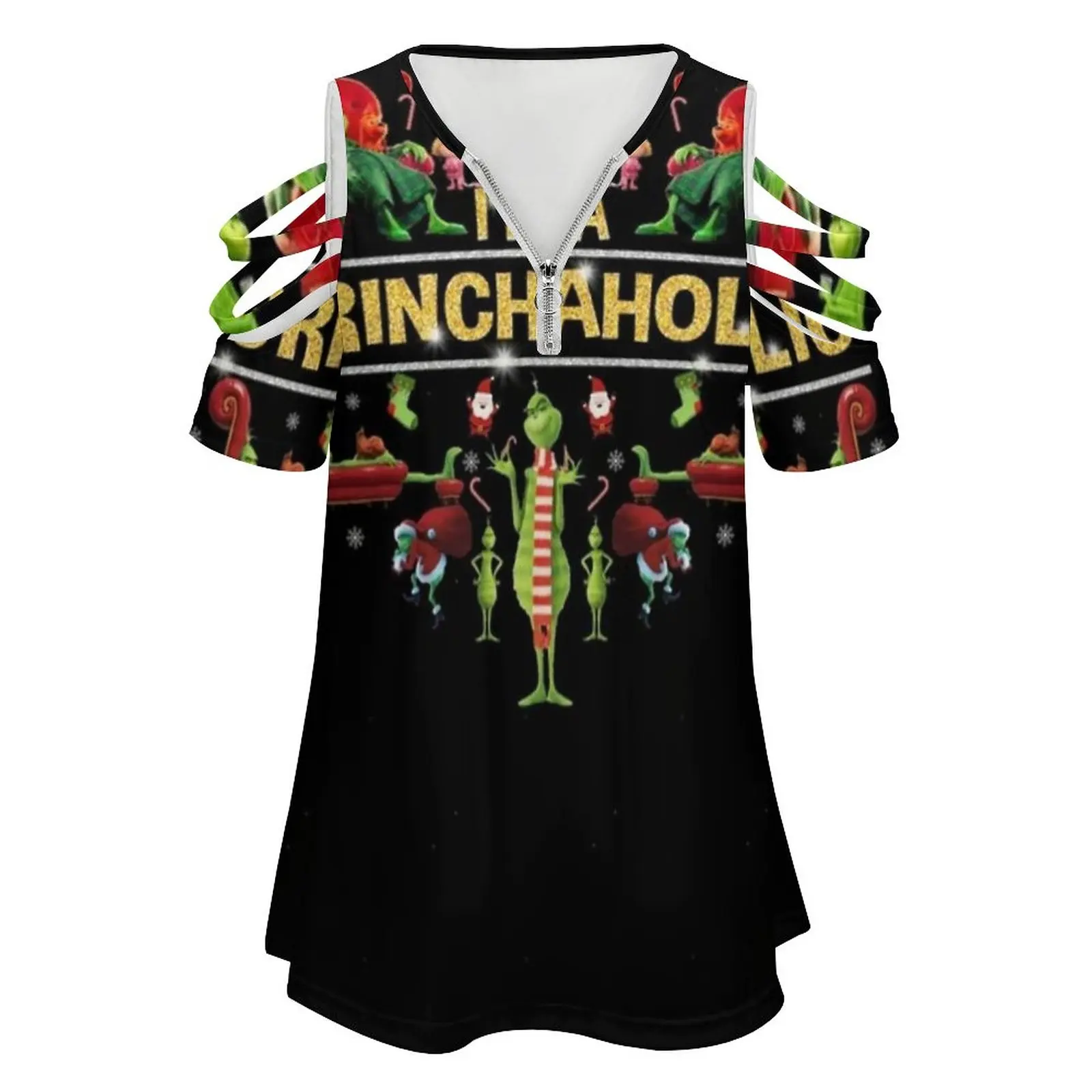 I'M A Grinchaholic New Fashion Zip Off Shoulder Top Short-Sleeve Women Shirt Scrooge Bah Humbug Christmas Jim Carrey Anti