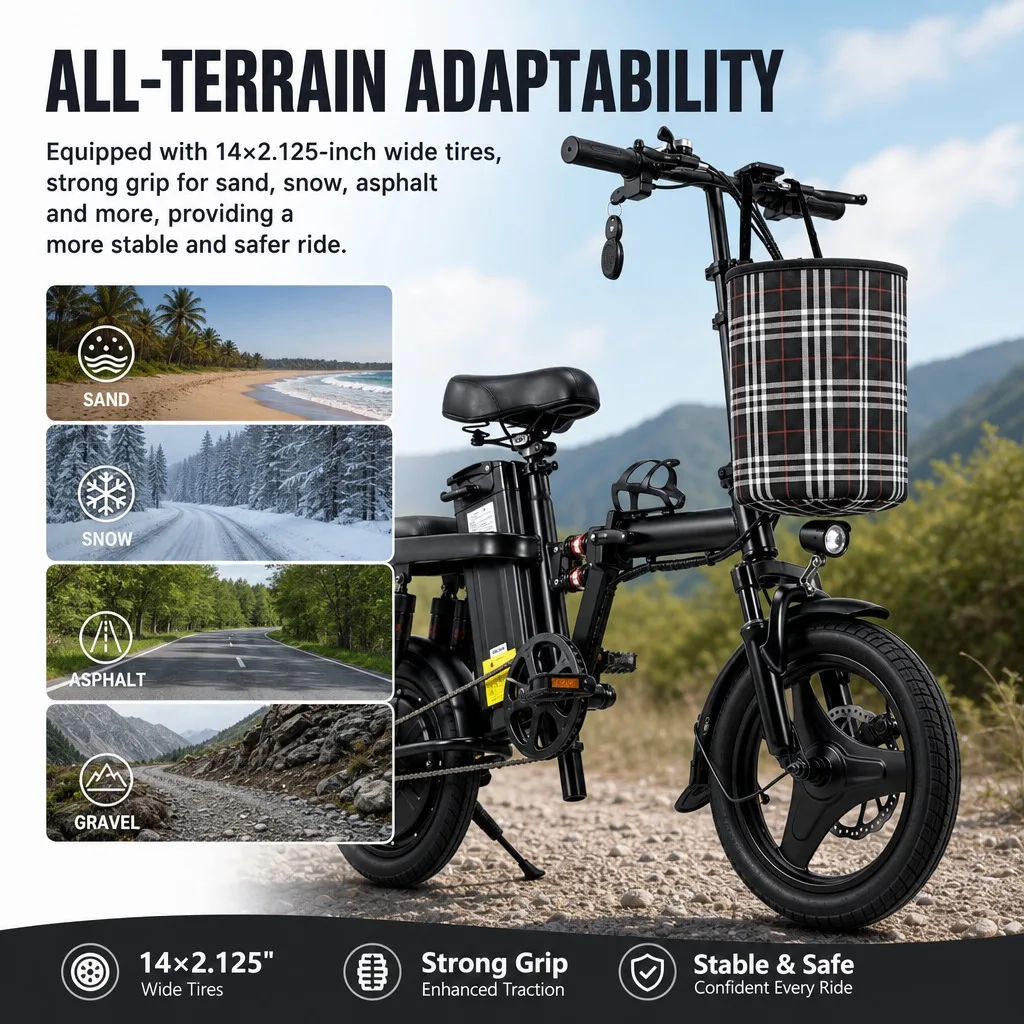 Adult Electric Bicycle 8 Shock Absorbers 14" Tires 500W 48V 15Ah Foldable E-Bike Smooth Ride Commuter Folding Ebike Scooter image 8