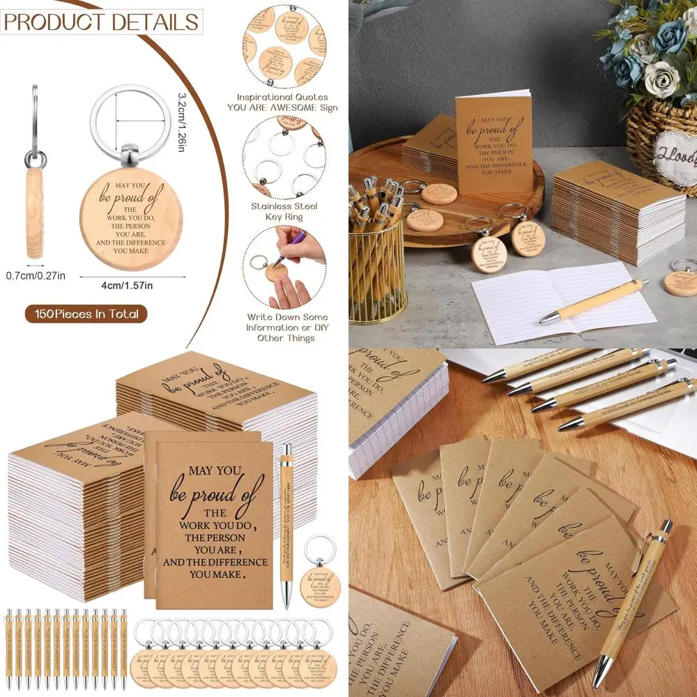 

Набор из 450 предметов: 150 рождественских подарочных пакетов: карманные тетради, бамбуковые ручки, брелки для оценки сотрудников