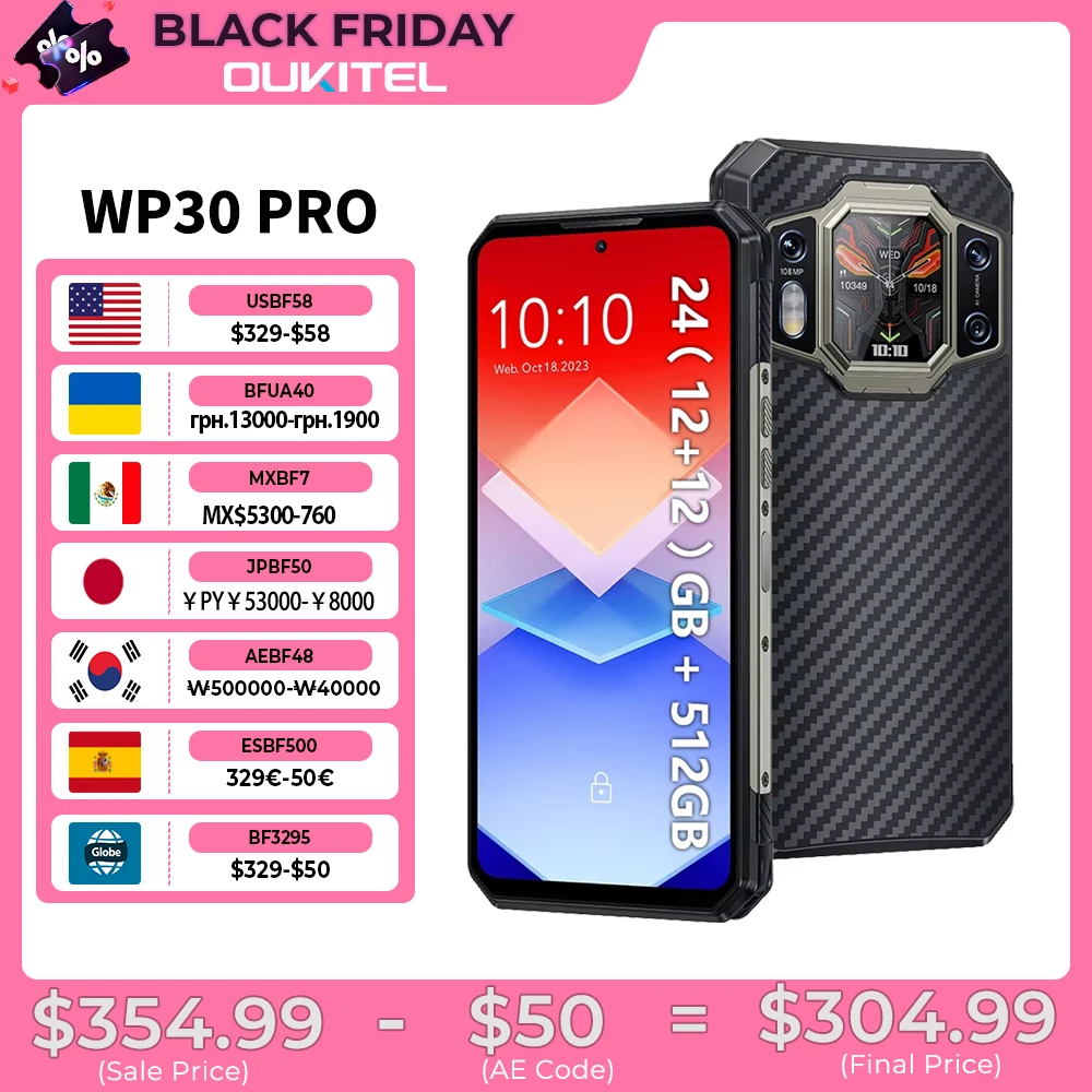 OUKITEL WP30 Pro 5G Rugged Smartphone Android 13 Mobile Phone 24GB(12+12) + 512GB, Dual Display Cellphones, 11000 mAh 120W