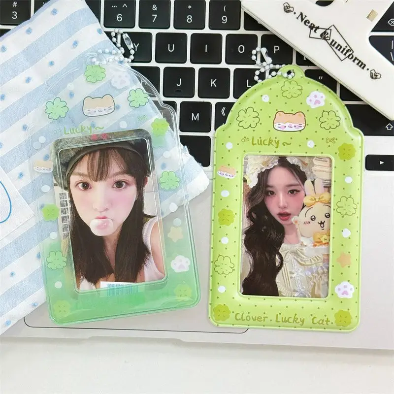 2pcs Cute Cartoon Cat Card Holder Green Tone Ins Style PVC Kpop Idol Photo Storage Pendant image 3