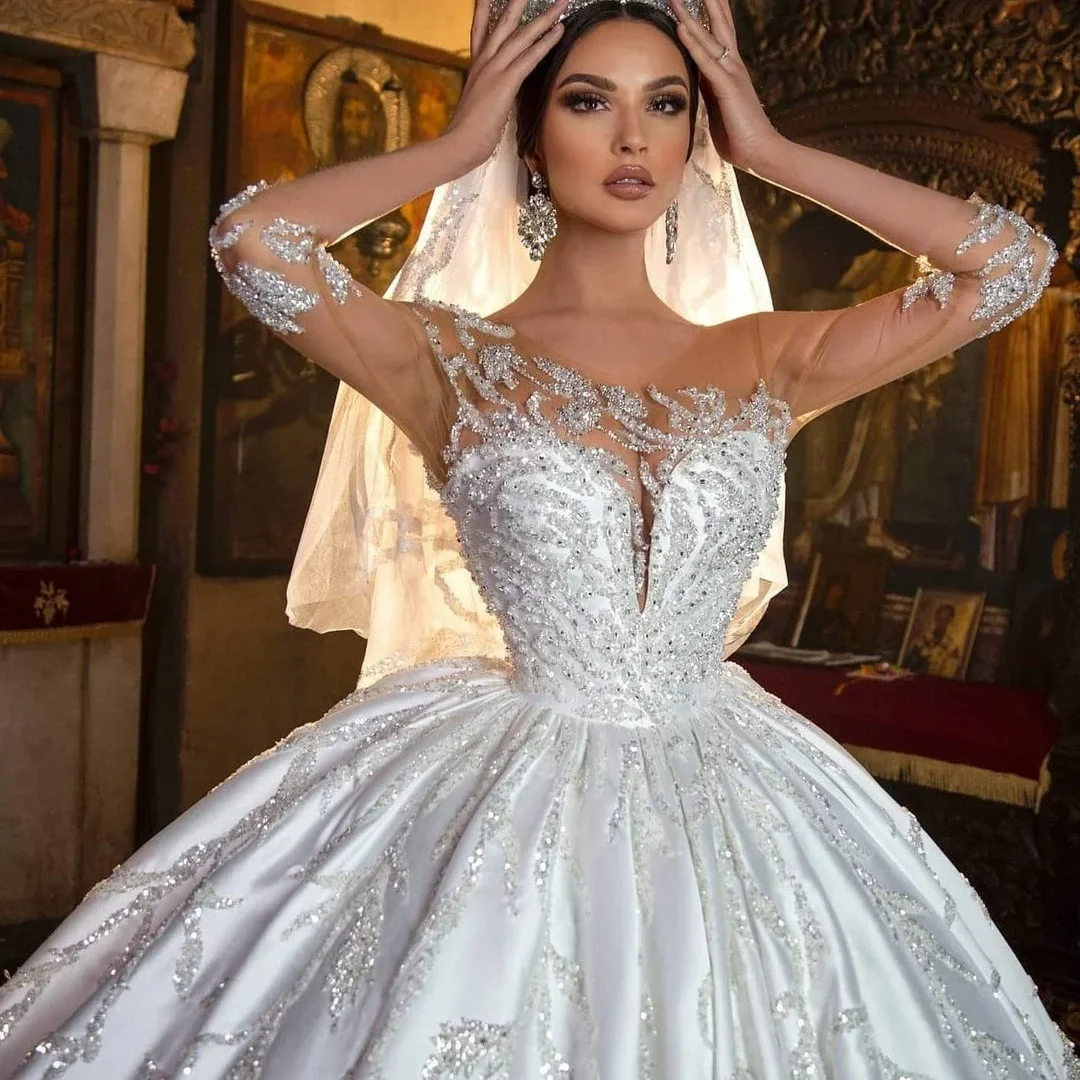 Elegant White Three Quarter Sleeve O-neck Bridal Satin Decal Crystal Gemstone Beaded Train Wedding Evening Gown with Women