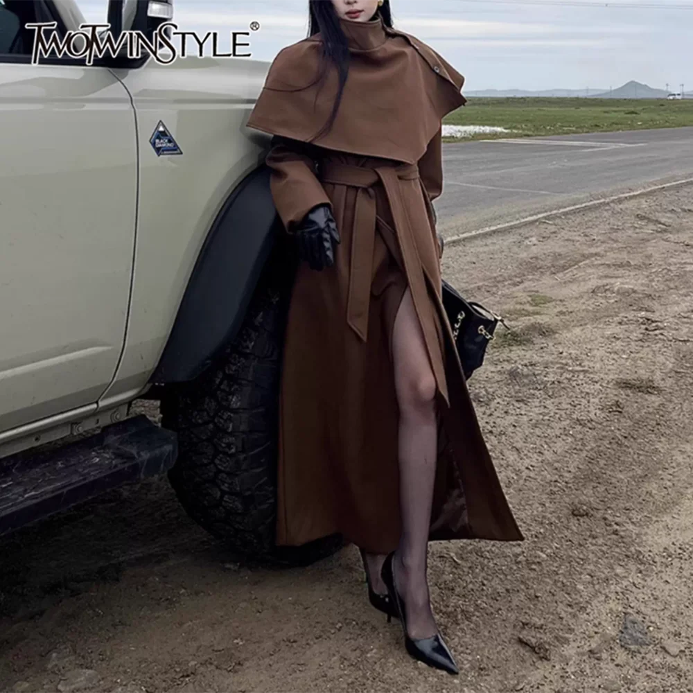 

TWOTWINSTYLE Solid Spliced Lace Up Jacket Female Turtleneck Long Sleeve Elegant Intellectual Women's Jackets Autumn Fashion New