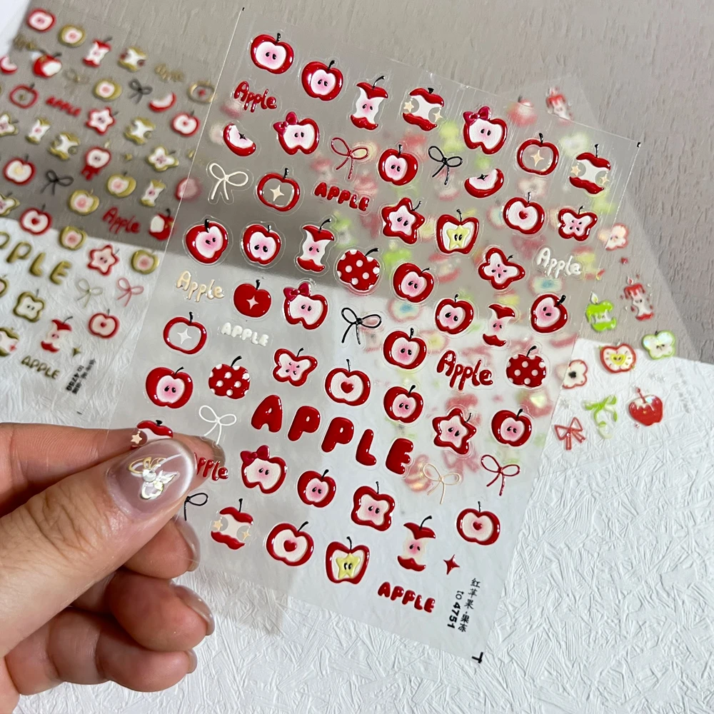 1 folhas 5d alívio maçã vermelha etiqueta do prego 8*10cm bonito fatia de maçã/núcleo de maçã design decalques de unhas bonito bowknot natal decoração do prego