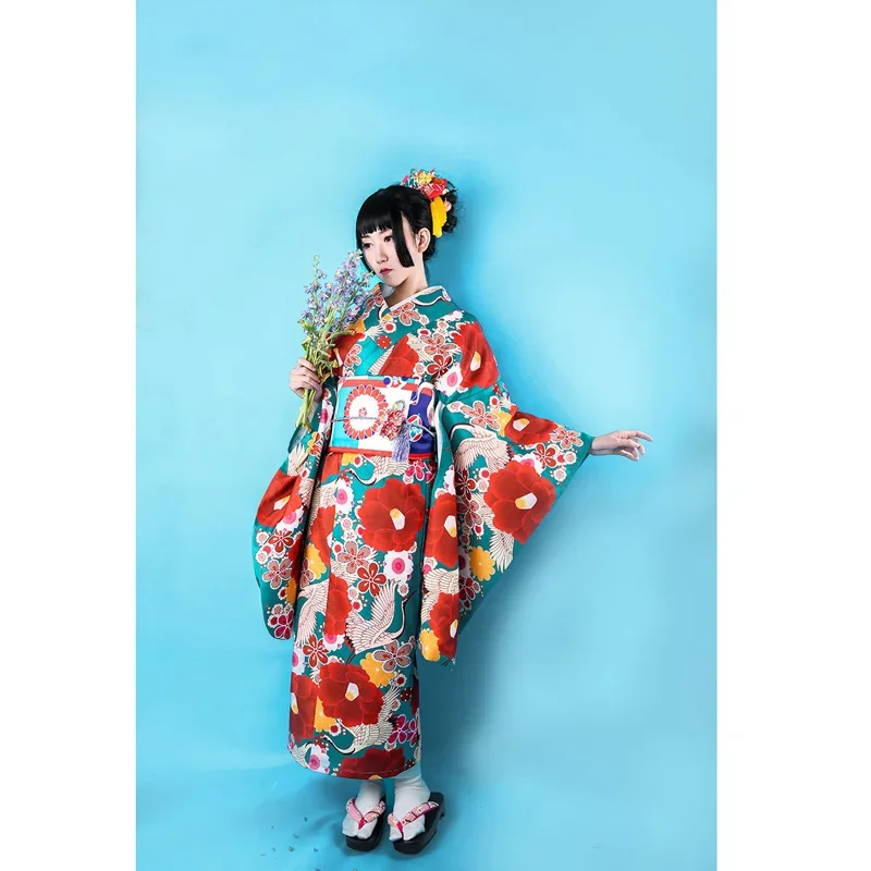 Japanese Floral Printed Furisode Kimonos For Women Fashion Anime Clothes Improved Cosplay Cardigan Bathrobe Novelty Party Dress