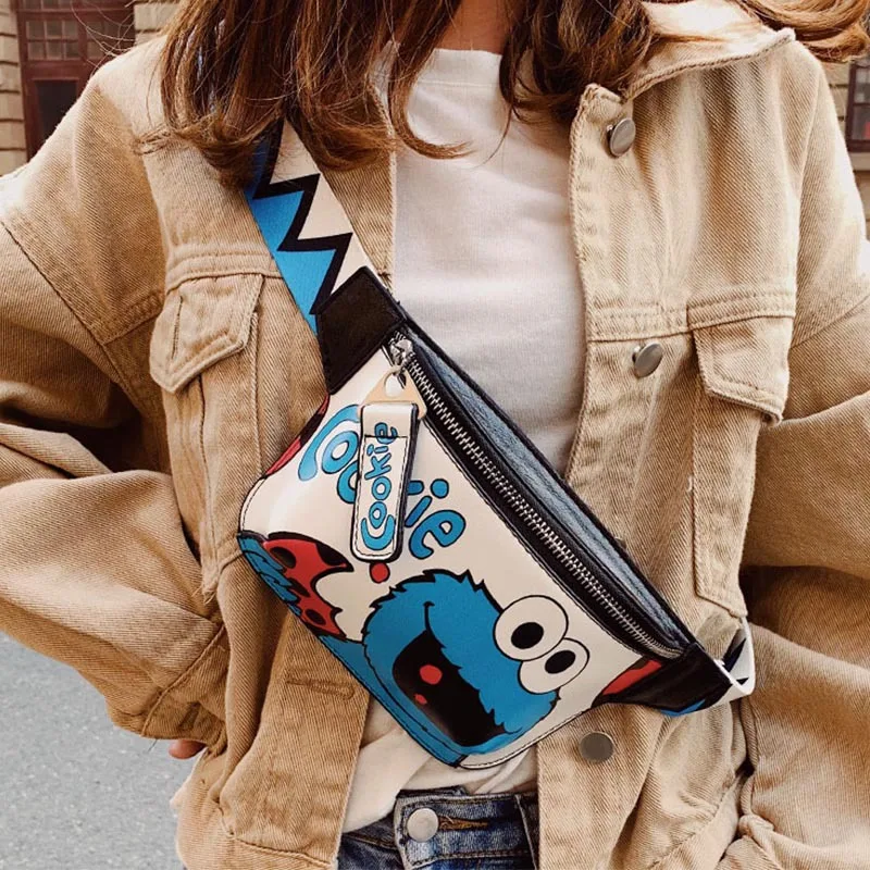 Female Cartoon Chest Bags New PU Crossbody Bag Punk Waist Bag Sesame Street Fashion Bag