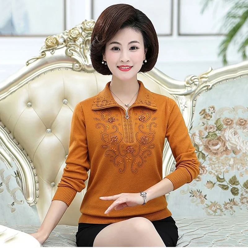 Middle-aged Women\'s Sweater Spring Autumn Long-sleeved Lapel Zipper Pullover Tops 4XL Lady Casual Knit Sweater