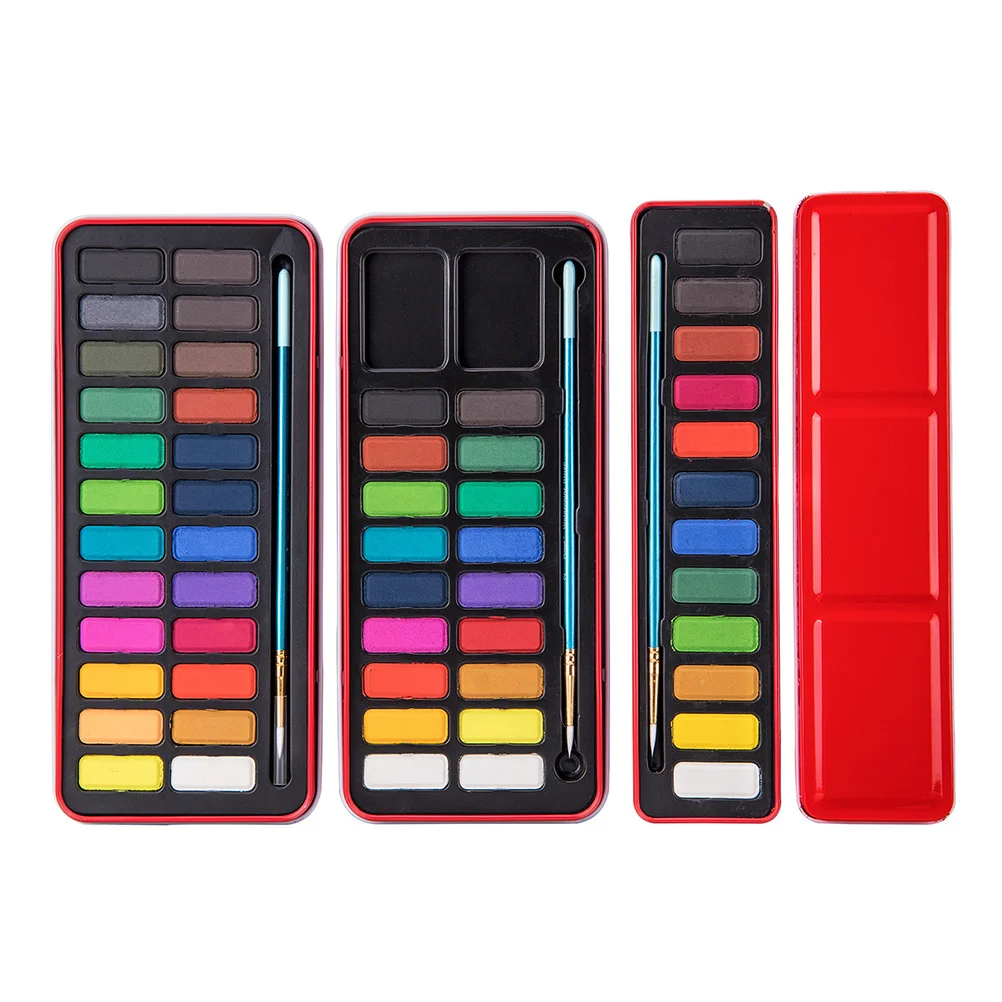 

24 Colors Watercolor Paint Set Solid Vibrant Cake Colors Painting Brush Portable Tin Open Lid Mixing Tray