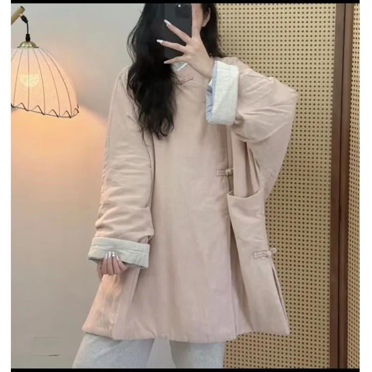 

Пальто-куртка большого размера в художественном китайском стиле из льна и утолщенного хлопка, однотонное, универсальное, свободного кроя, с диагональными пуговицами