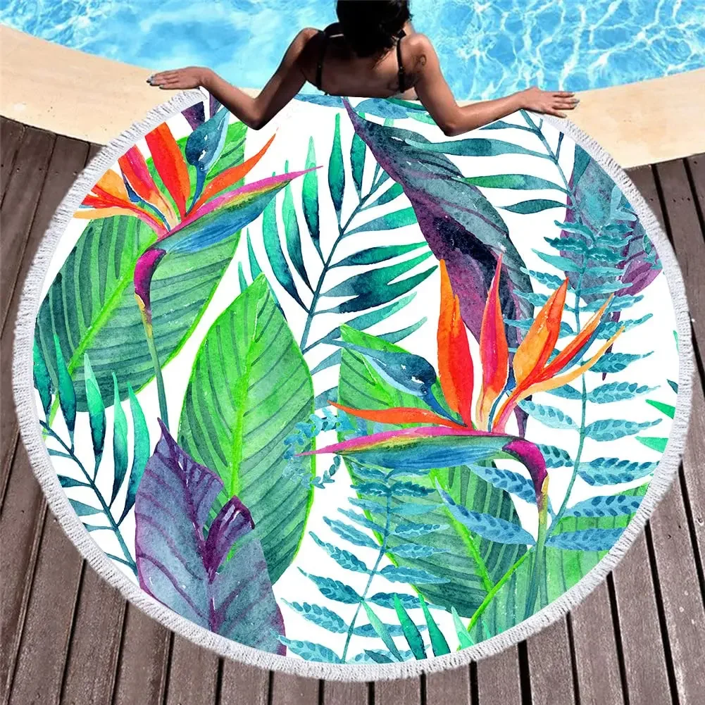 

150X150CM Round Beach Towel Oversized Palm Leaf Tropical Style Flamingo Print Microfiber Large Picnic Absorbent Cooling Towel