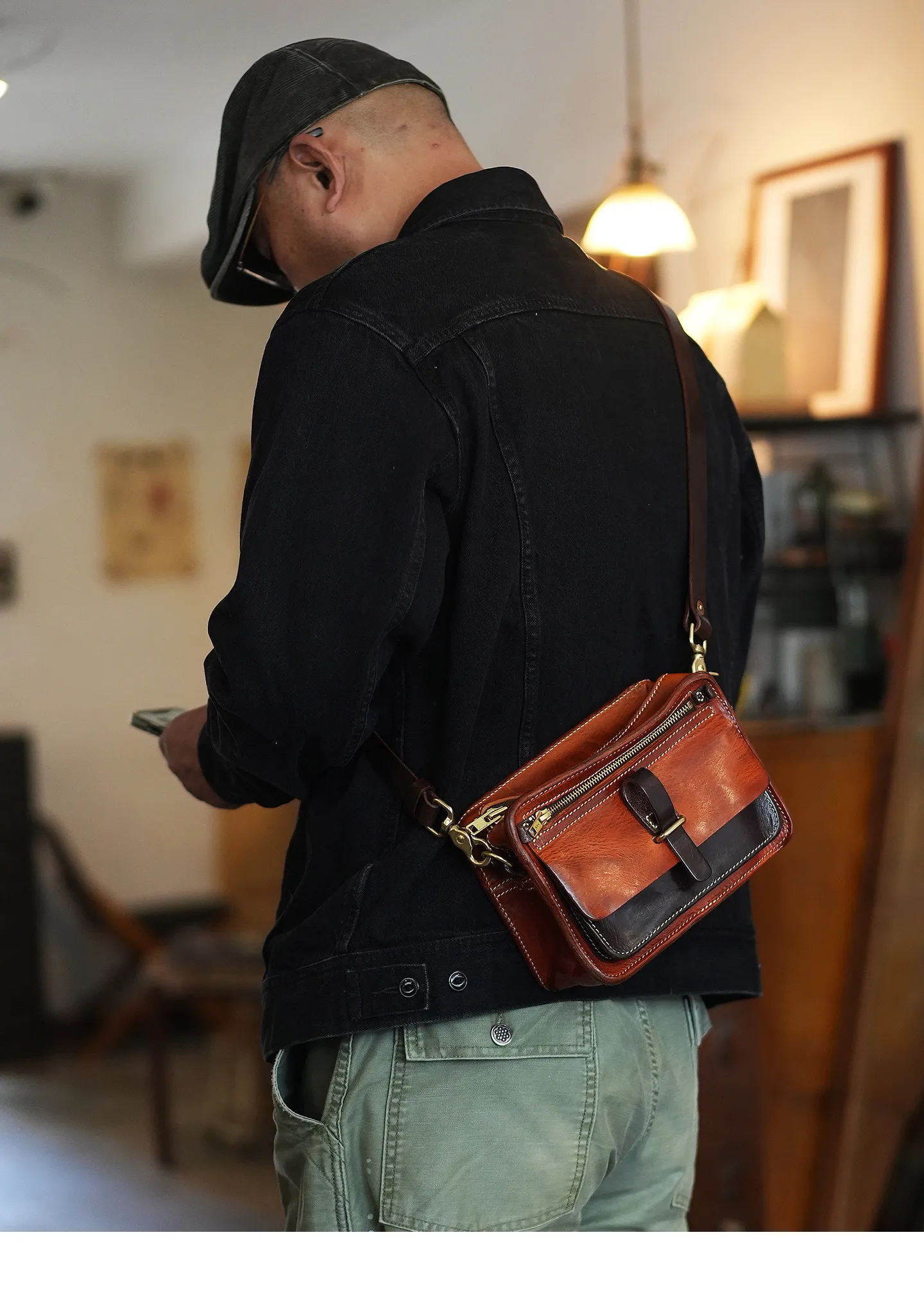 Wochenend-Outdoor-Tasche, tägliche erste Schicht aus Rindsleder, Herren-Umhängetasche, modische, lässige Designer-Umhängetasche, handgefertigt, aus echtem Leder. – Detail 2
