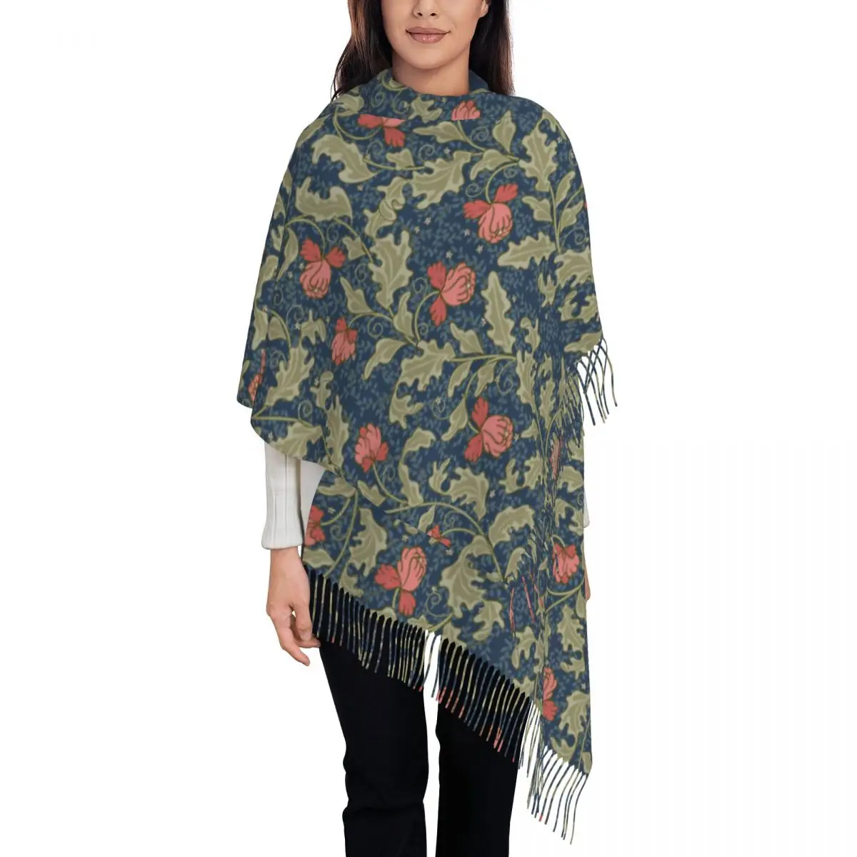 William Morris Shawl Wrap for Ladies Winter Long Soft Scarf Flowers Pashminas Tassel Scarves