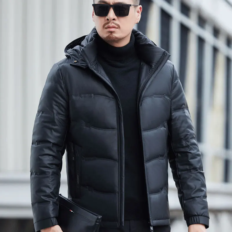 Men's Genuine Leather down Jacket Mid-Length Thickened down Coat Warm Casual Outerwear for Men