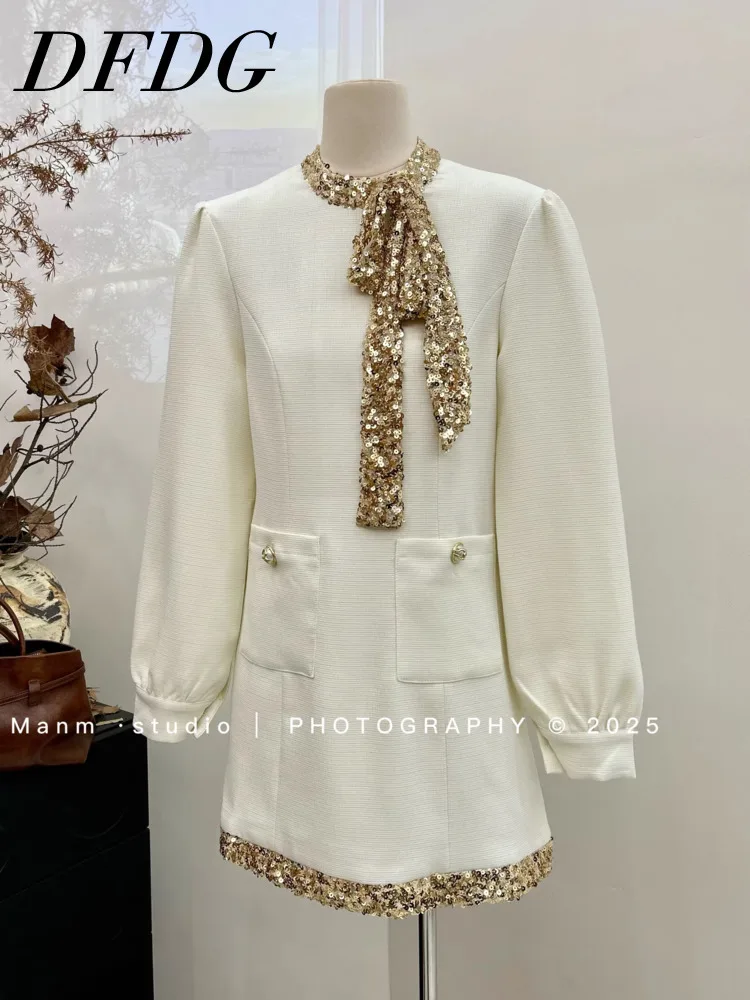

DFDG Women's Spring Autumn Beige Tweed Dress Gold Sequin Bow Long Sleeve Mini Party 2026 Trendy Feminine Fashion Outfit Dress