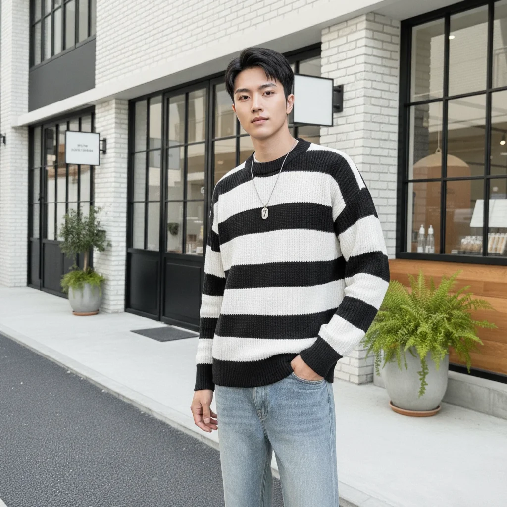 

Теплый свободный мужской вязаный свитер с высоким воротником, классический топ в широкую полоску, базовый слой на осень-зиму, полиэфирное волокно