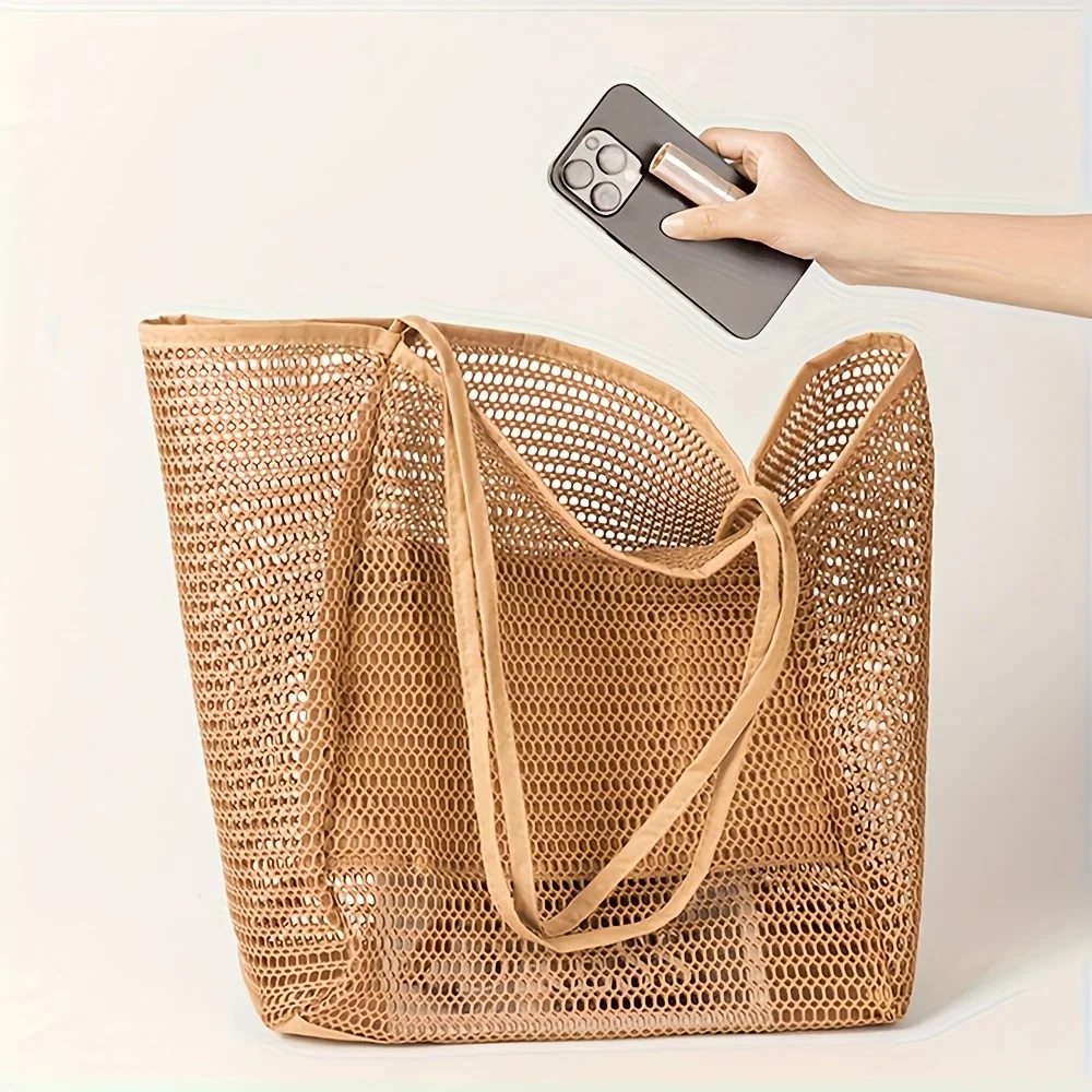 Große Strandtasche für Damen - Robuste Polyester-Schultertasche mit offenem Oberteil für Reisen und Einkaufen – Detail 8