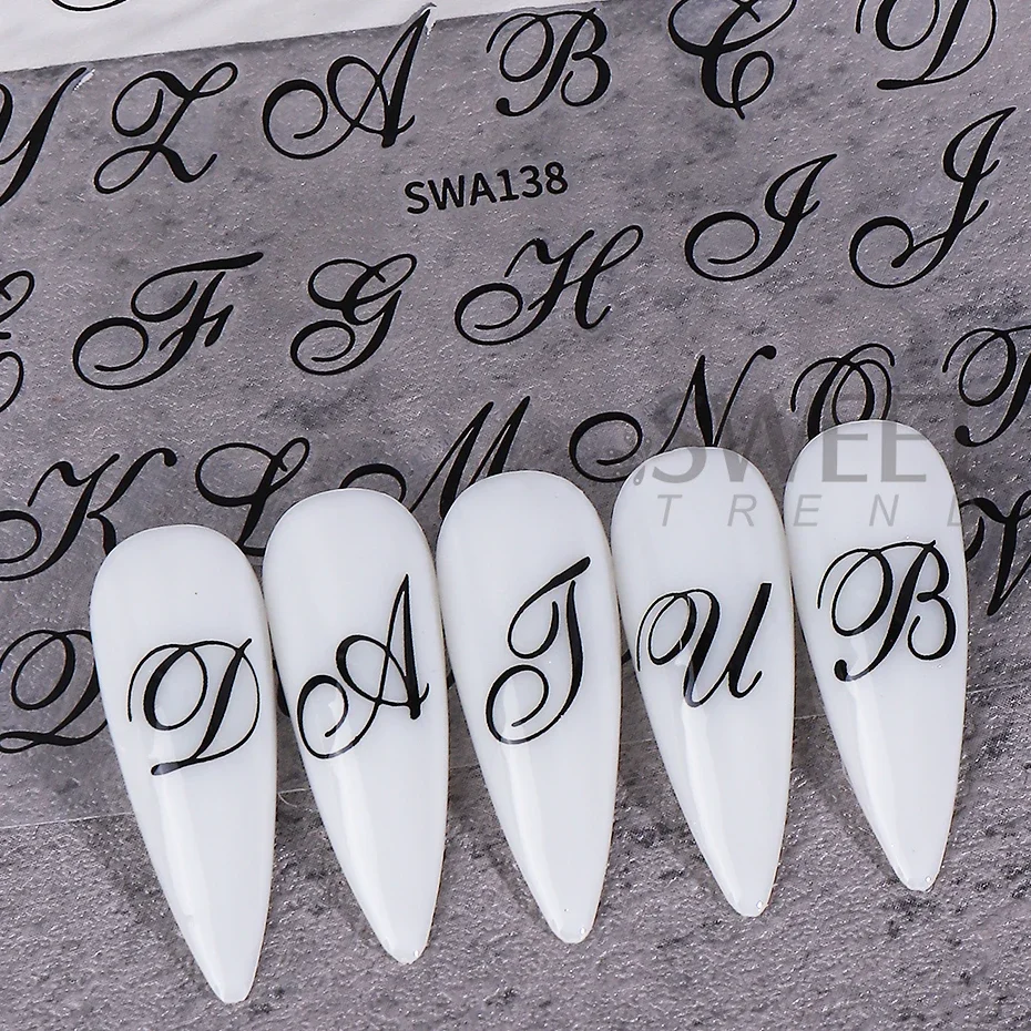 4pcs Gothic Letter Nail Sticker Y2K Cool Design Black White English Alphabet Adhesive Nail Decal DIY Manicure Decoration Sliders 6